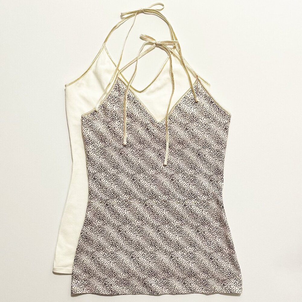 EXPRESS 2pk Metallic Abstract Animal Print + Solid Cream Halter Tops Sz S
